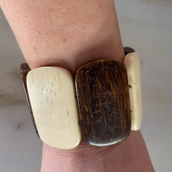 Vintage Brown Cream Chunky Cow Bone Panel Stretch Bracelet Boho Earthy Tribal - Picture 8 of 10